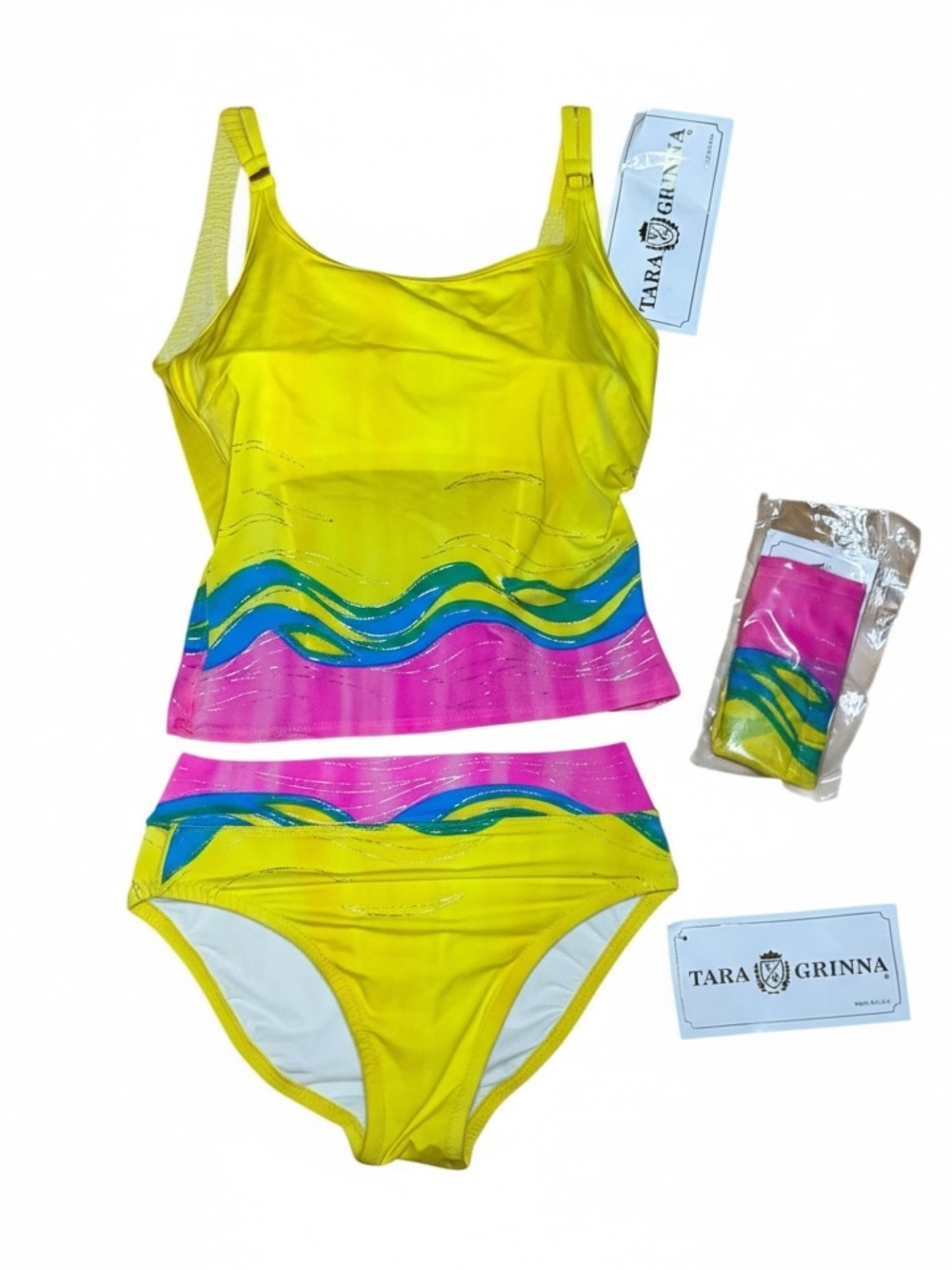 TARA GRINNA Yellow & Pink Wave-Accent Women's Tankini Bikini